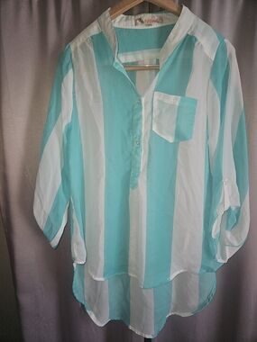 Striped Aqua and White Sheer Tunic Blouse